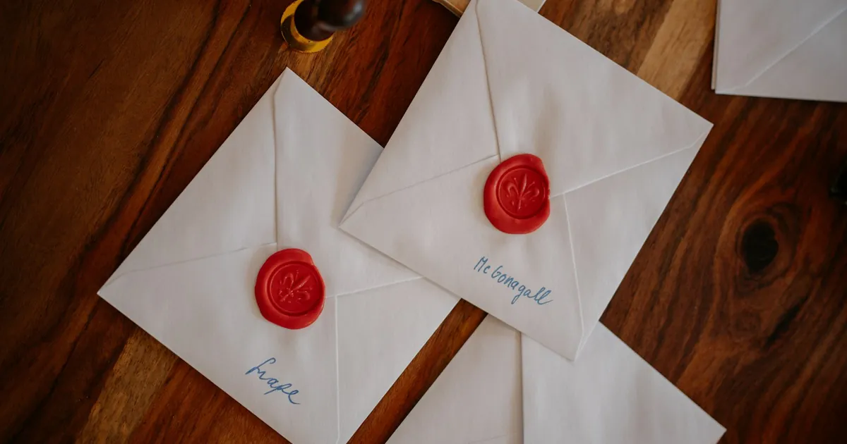 White envelopes sealed with red wax on a wooden table